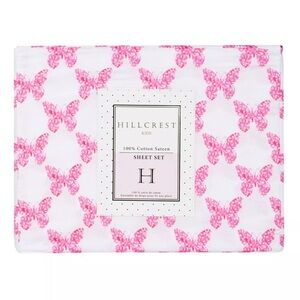 Hillcrest Twin 3 PC Soft Cotton Sateen Pink White Sheet Set Spring Butterfly NEW